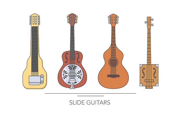 Lap steel slide gitaar set Overzicht kleurrijke gitaren op witte achtergrond Vector illustratie