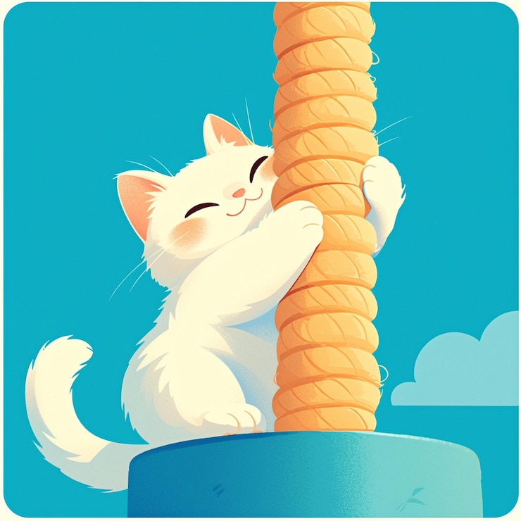 Vector laperm cat climbing a scratching post