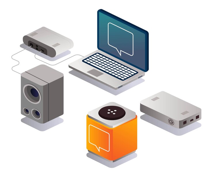 Vector laptop and active speakers in isometric design