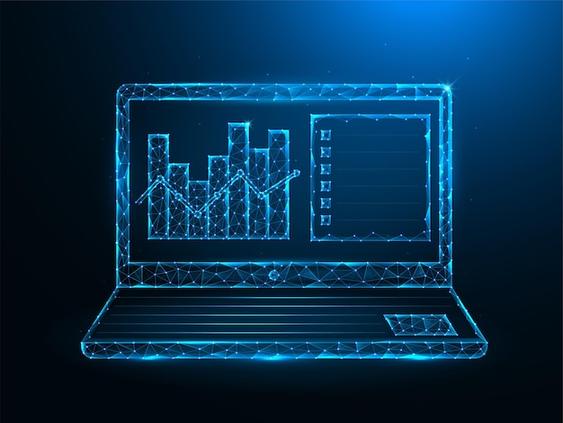 Laptop and analytical data low poly art. Notebook and data analytics graphic polygonal  illustrations on a blue background.