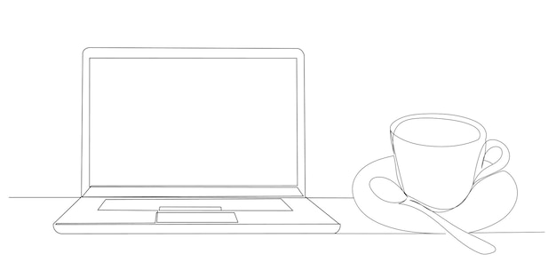 노트북과 커피 한 선 그리기 스케치 고립 된 벡터
