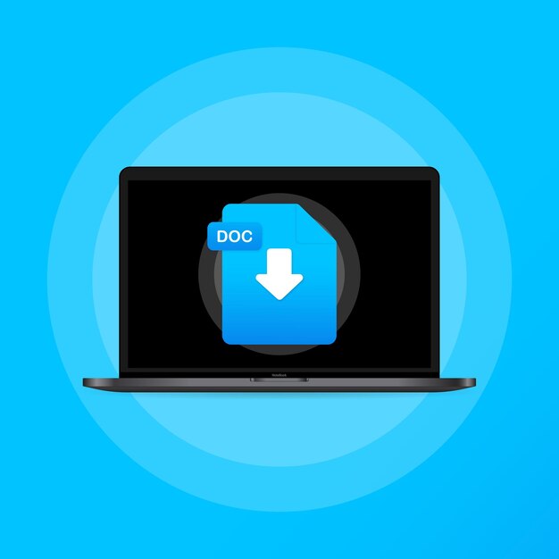 ラップトップとダウンロードdocファイルアイコン。ドキュメントのダウンロードの概念。 docラベルと下矢印記号。孤立した背景上のベクトル。 eps10。