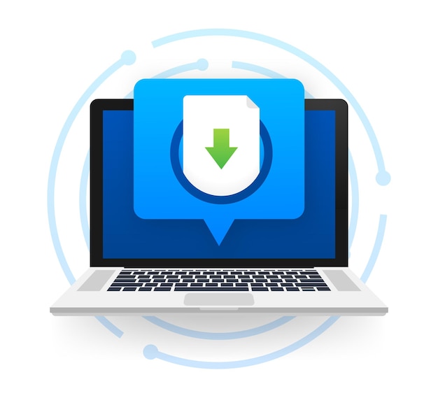 ノートパソコンとダウンロードファイルのアイコン。ドキュメントのダウンロードの概念。長い影のあるトレンディなフラットデザイングラフィック。ベクトルイラスト。