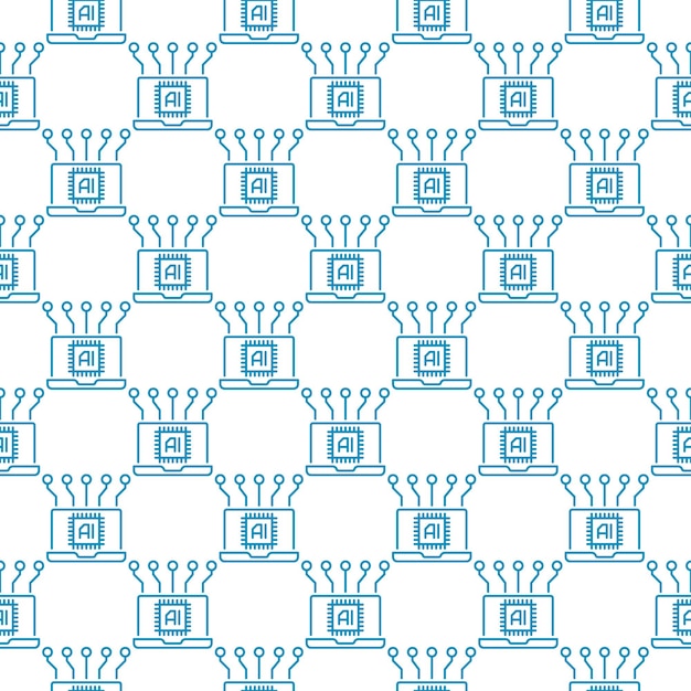 Ноутбук и искусственный интеллект ИИ вектор беспрепятственный образец в очертении стиля.