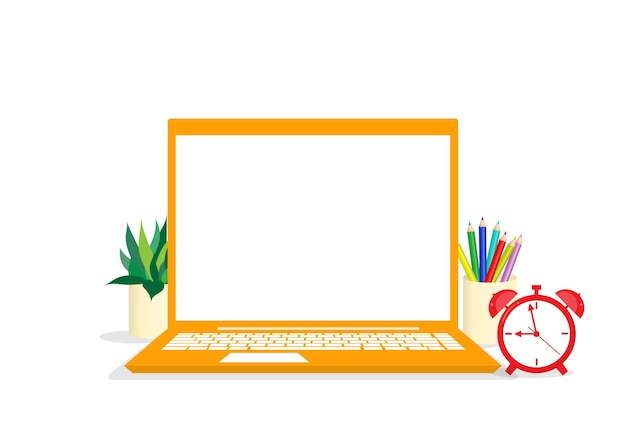 Vector laptop blank screen with school supplies home decor on white background