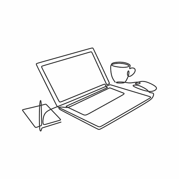 laptop book with coffee cup continuous drawing single line art