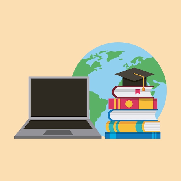 Vector laptop books and graduation hat world learning