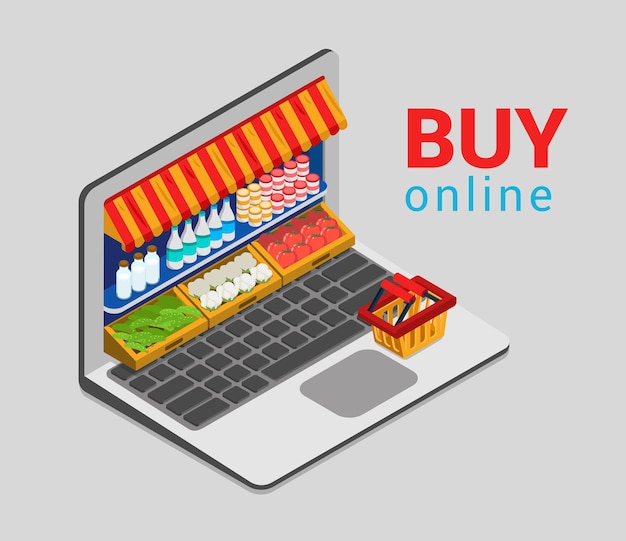 Laptop buy online grocery shopping e-commerce store flat