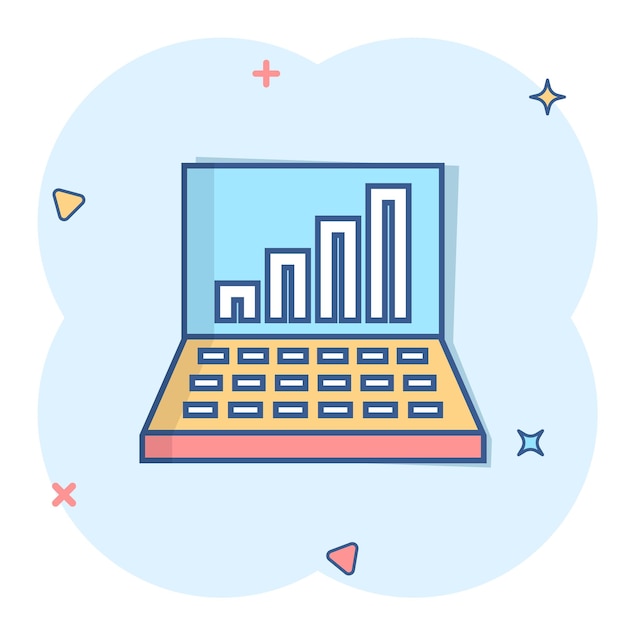 만화 스타일 서구 데이터 만화 벡터 일러스트 레이 션에 노트북 차트 아이콘 격리 된 흰색 배경 컴퓨터 다이어그램 스플래시 효과 비즈니스 개념