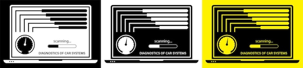 Laptop checks that the vehicle is working properly Computer diagnostics of car systems with special programs Car service in service center Vector