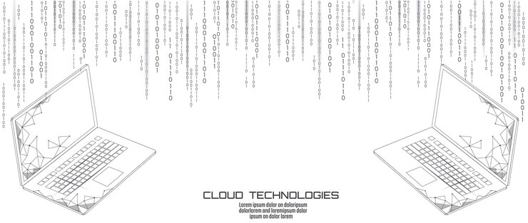 Vector laptop cloud gegevensoverdracht computer online cloud gegevensopslag technologie vooruitgang upgrade software
