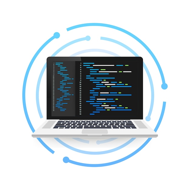 Concetto di codifica del computer portatile. sviluppatore web, programmazione. codice dello schermo del laptop. illustrazione.