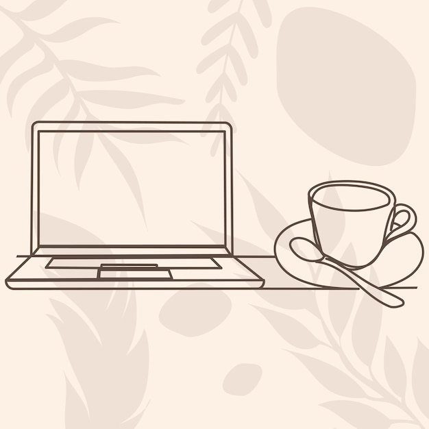 Laptop and coffee drawing in one continuous line isolated vector