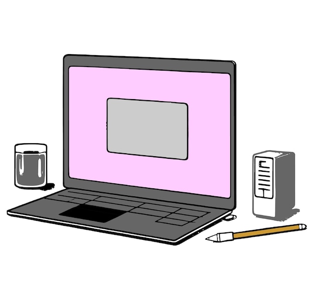 Vettore progettazione piana del sito web dell'illustrazione della penna del caffè e del computer portatile