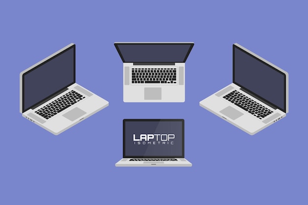 Computer portatile da quattro lati icon set illustrazione grafica vettoriale. vista isometrica della parte anteriore, posteriore, destra, sinistra e superiore.