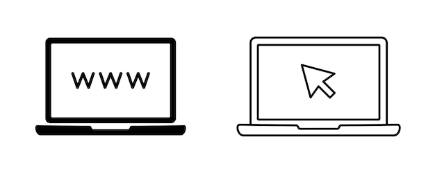 Vector laptop computer icoon notebook met wijzer muis pijl cursor klikken op het scherm computer icoon laptop icoon online diensten webontwerp e-commerce en marketing lineaire vector pictogram