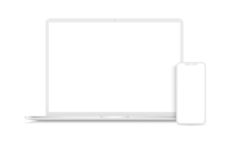 ラップトップコンピュータと携帯電話の粘土モックアップが白い背景に隔離されています