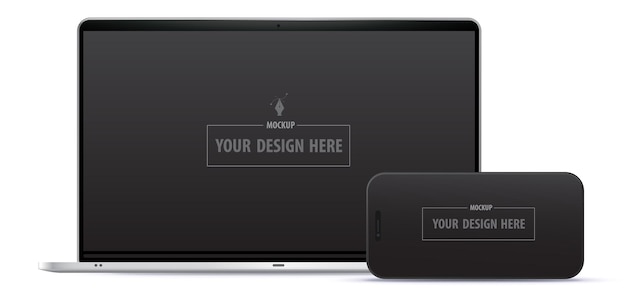 Laptop computer and mobile phone with black wide screens Blank digital devices vector illustration