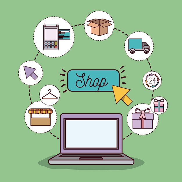 laptop computer and online shop icons 