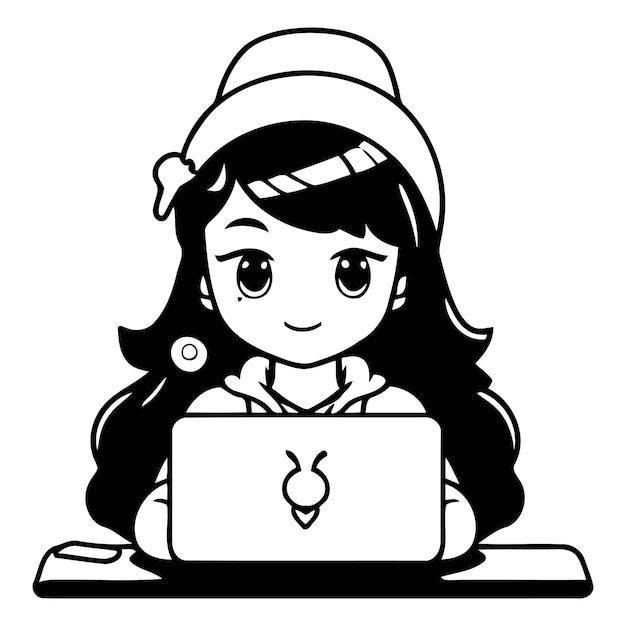 Vector laptop computer student pc study person education technology internet cartoon cute girl character teenage smile teen happy illustration people teenager