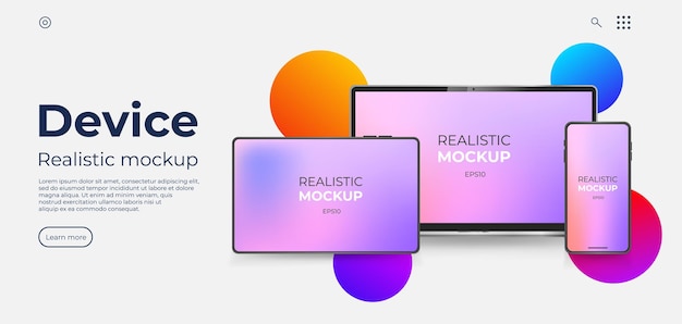 Ноутбук, планшет и мобильный телефон, макет устройства для презентации приложения, шаблон градиентного экрана цифровых устройств, векторная концепция иллюстрации