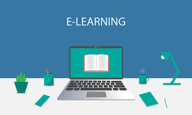 디스플레이 화면 온라인 learningelearning 벡터 평면 디자인 일러스트와 함께 노트북 컴퓨터