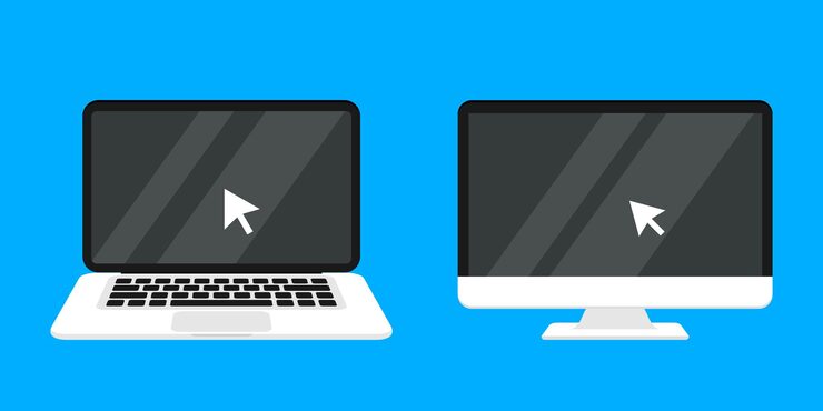 Vector laptop and computer with pointer or cursor icon click on the devices device with click cursor notebook screen monitor for graphic design touch here for link to websites arrow with touch button