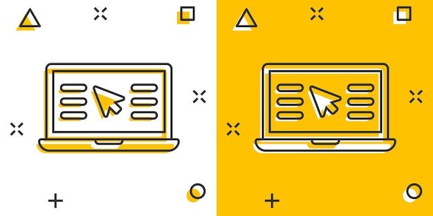 Laptop computerpictogram in komische stijl Cursor op notebook cartoon vectorillustratie op witte geïsoleerde achtergrond Monitor splash effect bedrijfsconcept