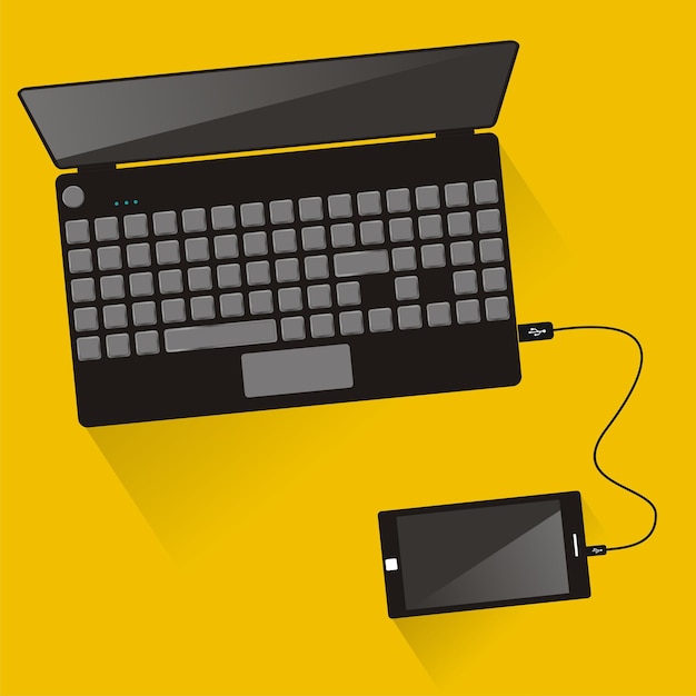 Laptop connected to smartphone Top view Communication technology Vector illustration Long shadow