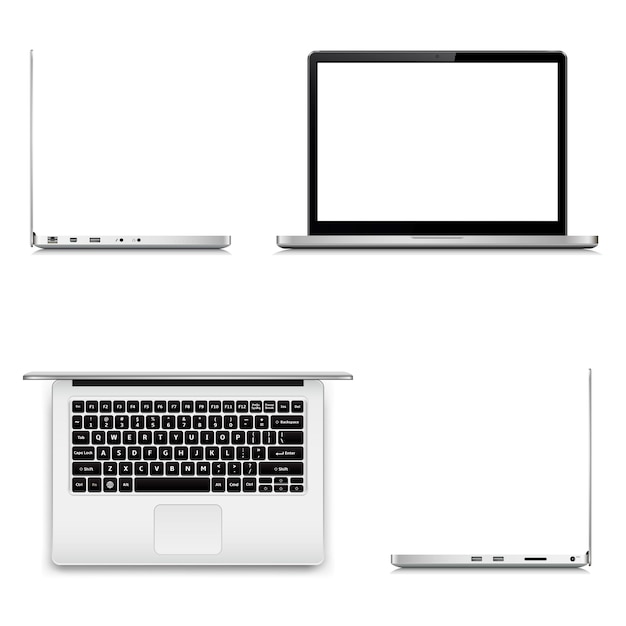 Laptop in different positions isolated on white