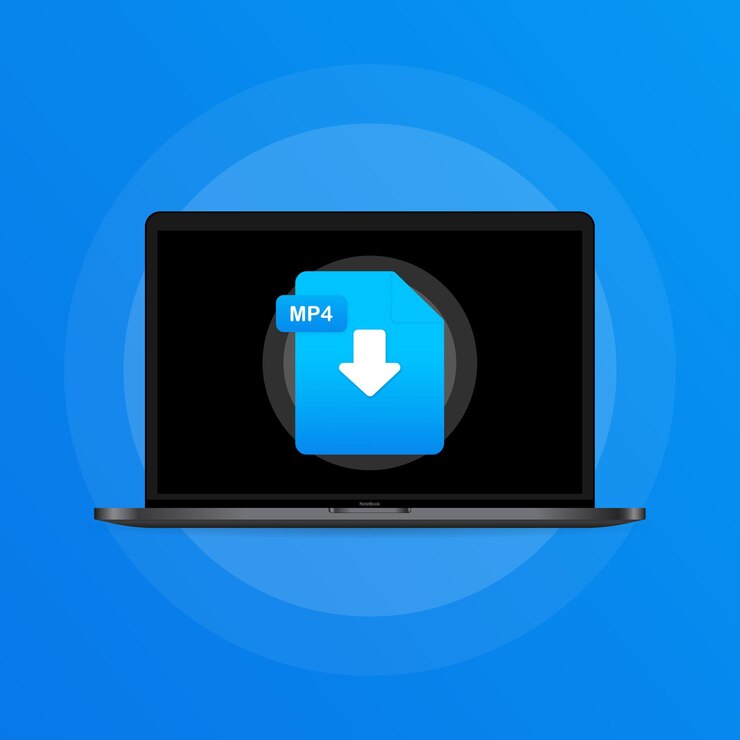 Vector laptop and download mp4 file icon. document downloading concept. mp4 label and down arrow sign. vector on isolated background. eps 10