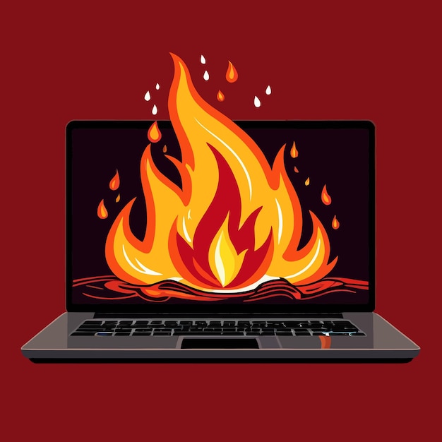 Vector laptop on fire indicating computer overheating and failure vector illustration