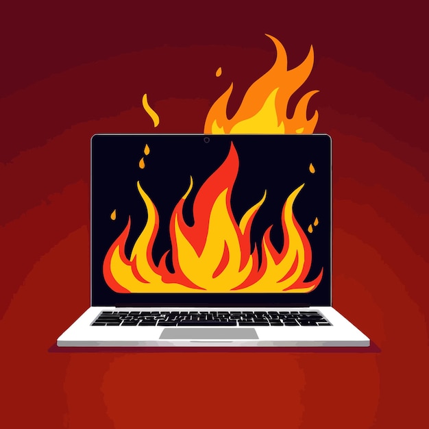 Vector laptop on fire indicating computer overheating and failure vector illustration