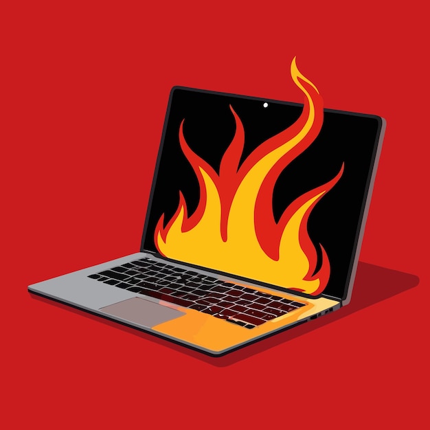 Laptop in fiamme che indica il surriscaldamento del computer e l'illustrazione del vettore di guasto