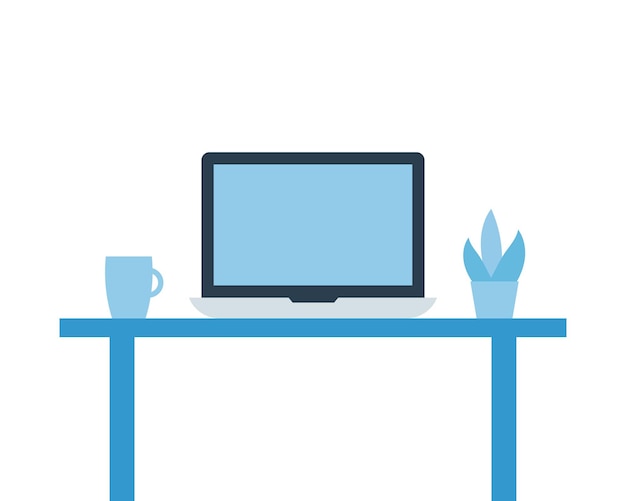 Laptop flat design style icon vector illustration Flat computer icon on table with cup and flower