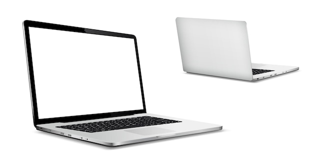 Mockup del lato anteriore e posteriore del computer portatile isolato su sfondo bianco