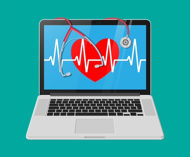 Laptop, heart shape with pulse line, stethoscope