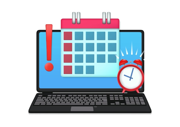 Laptop illustration with deadline calendar and alarm clock