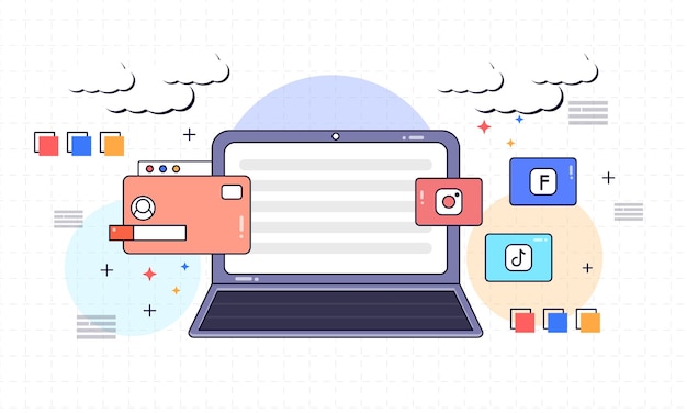 Иллюстрация ноутбука с элементами социальных сетей
