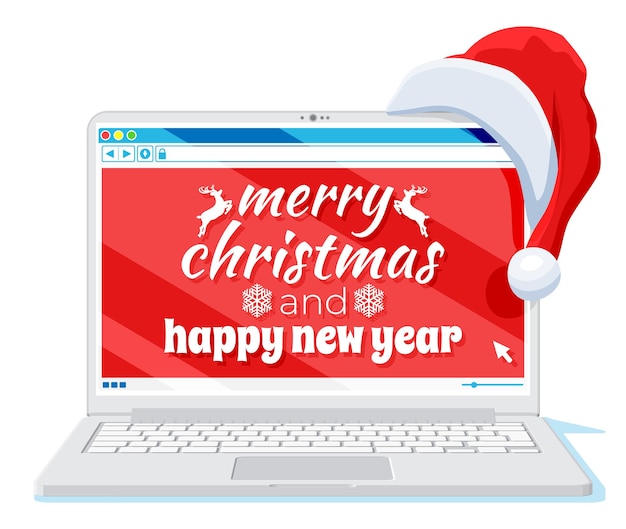 Il computer portatile è in cappello di babbo natale isolato. quaderno di natale ricoperto di berretto da babbo natale. decorazione di felice anno nuovo. buon natale vacanza. capodanno e festa di natale. stile piatto di illustrazione vettoriale