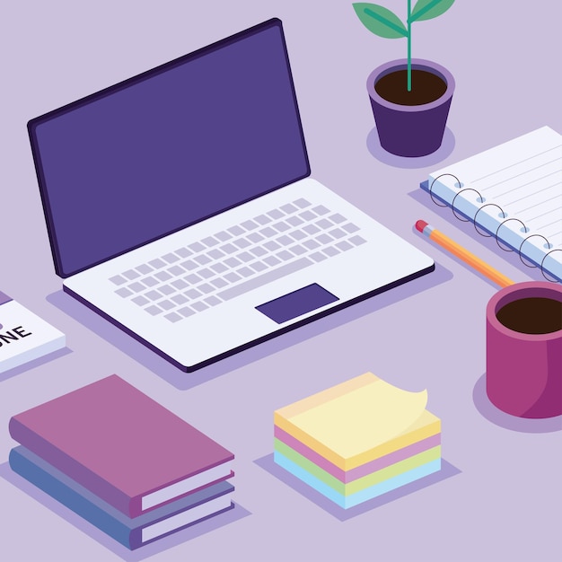 Vector laptop and isometric workspace set icons illustration design