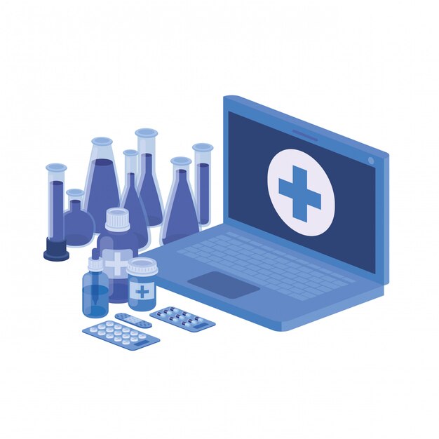 Laptop and laboratory instruments isolated icon