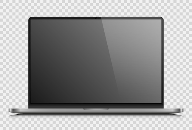 A laptop layout with a dark gray screen on a transparent background