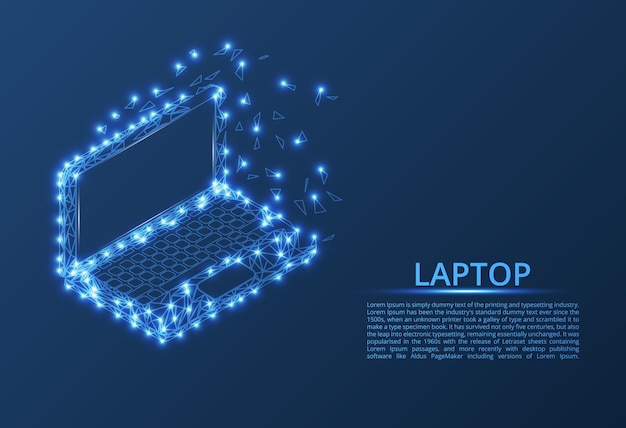 노트북 인터넷 또는 디지털 또는 장치 및 컴퓨터 기호의 낮은 폴리 모델 선 점 및 모양에서 추상 이미지 노트북 다각형 어두운 배경 파란색 선