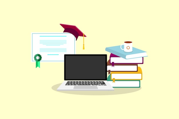 laptop met boeken en hoedenonderwijs op computer of e-leerconcept