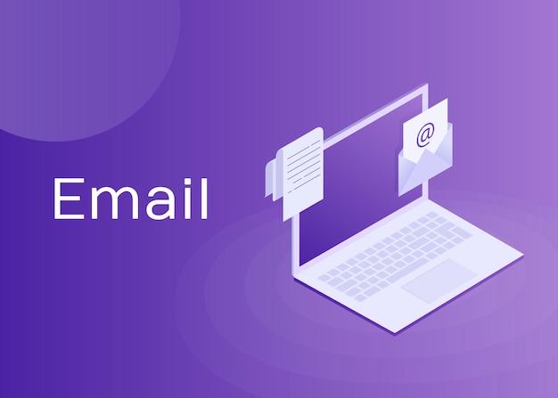 Laptop met envelop en document op het scherm. E-mail, e-mailmarketing, internetadvertenties. illustratie, isometrisch