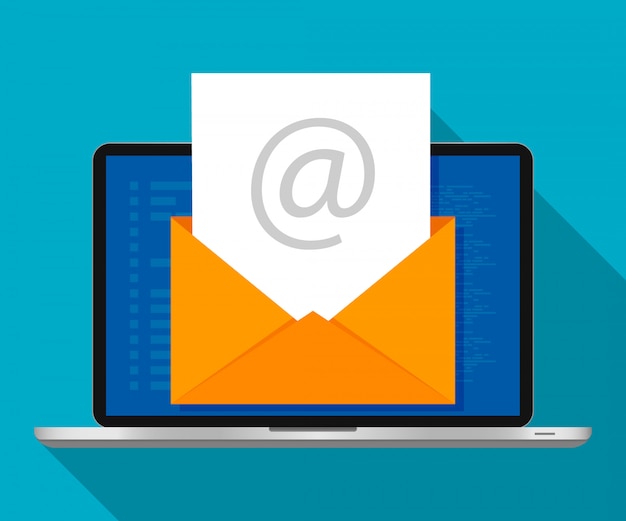 Laptop met envelop op het scherm. E-mailmarketing concept. Plat ontwerp, vectorillustratie.