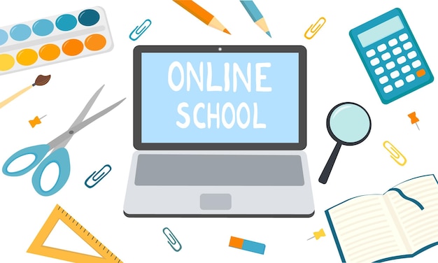 Laptop met inscriptie online school en schoolbenodigdheden Online onderwijsIllustratie voor website-bestemmingspagina en infographic