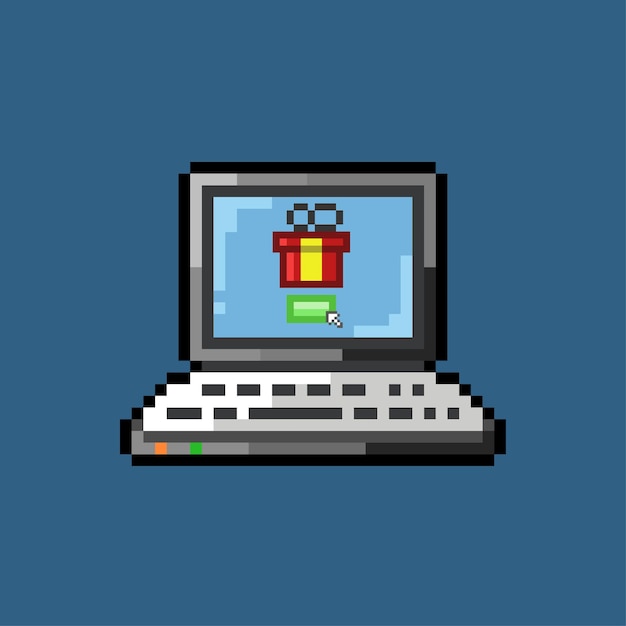 laptop met koopcadeau-display in pixelart-stijl