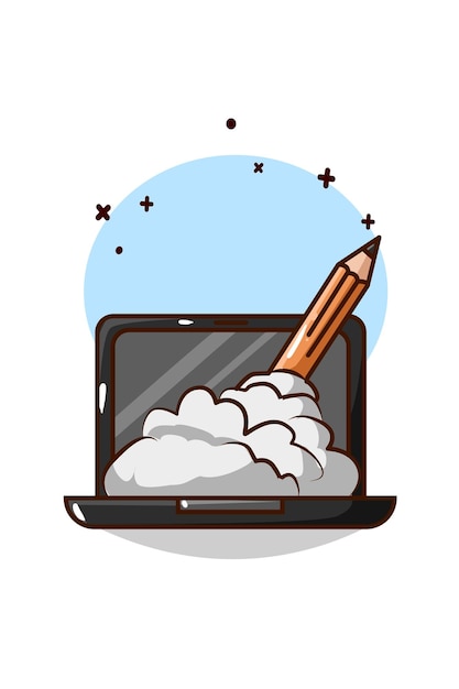 Laptop met potlood en rook cartoon afbeelding